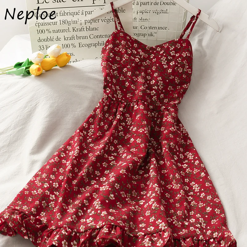 Neploe Vintage Print Bohemian Holiday Dress Women High Waist Hip A Line Slim Vestidos V Neck Sleeveless Off Shoulder Robe Summer