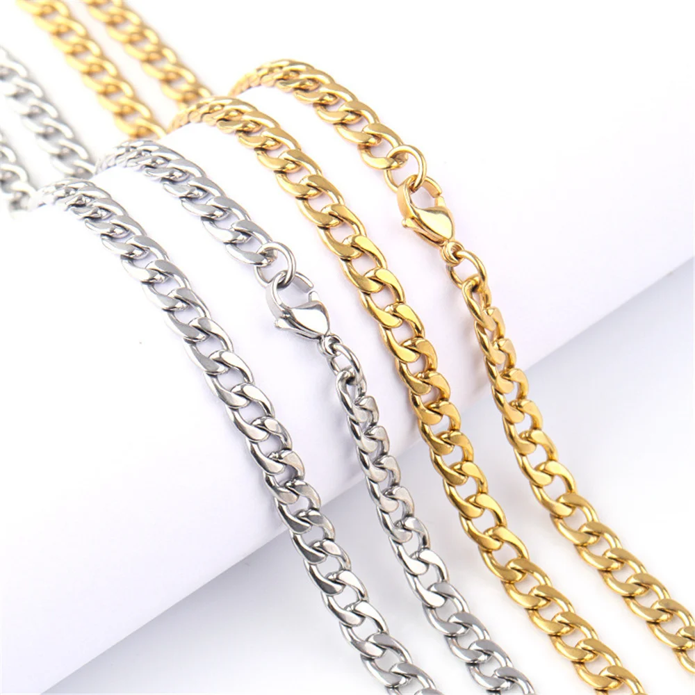 Gold Silver Color Stainless Steel 7mm Cuban Link Chain Bracelets Necklace For Women Men Fashion Party Wedding Jewelry Sets Gifts