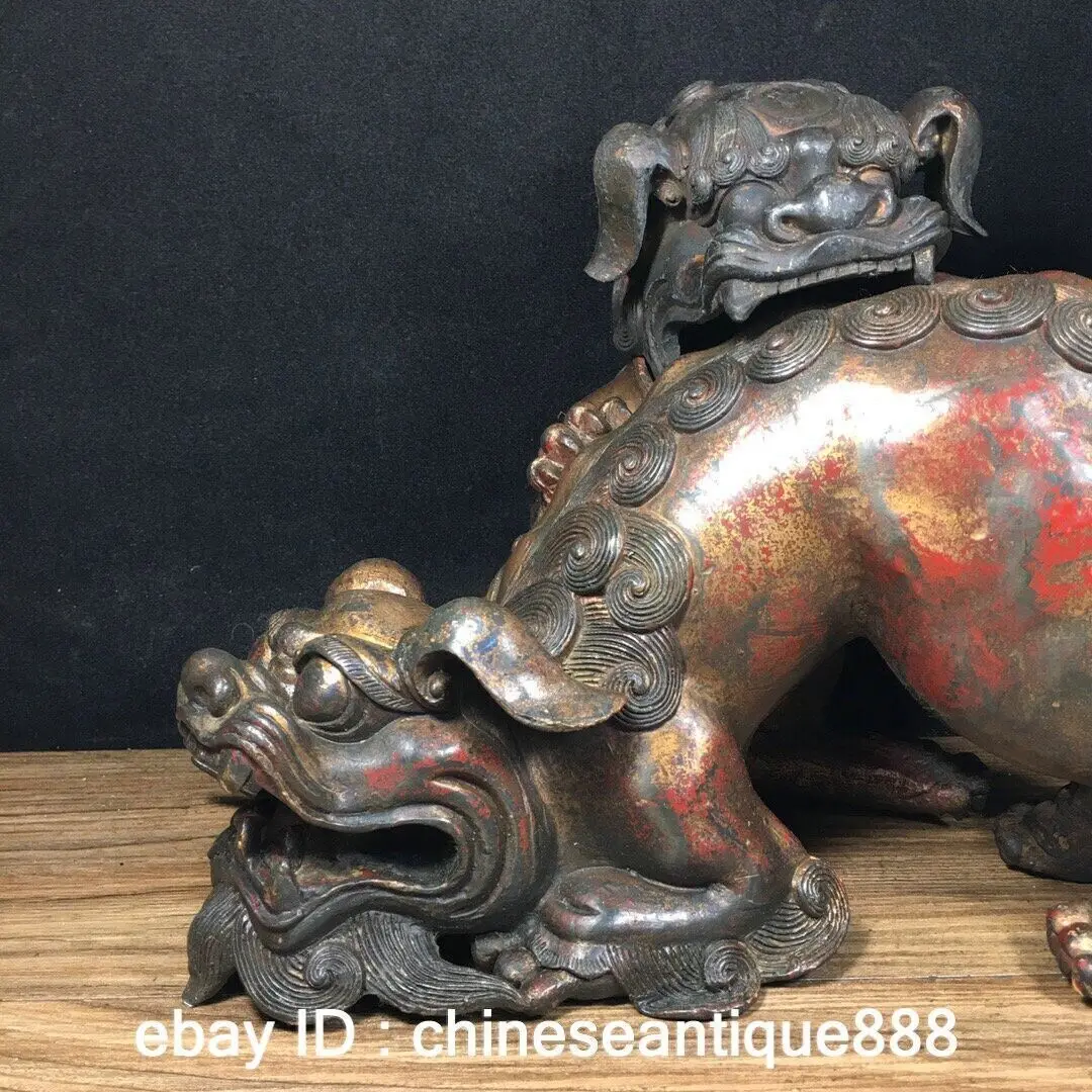 China bronze Gilt Feng Shui animal double lion foo Incense burner Censer statue