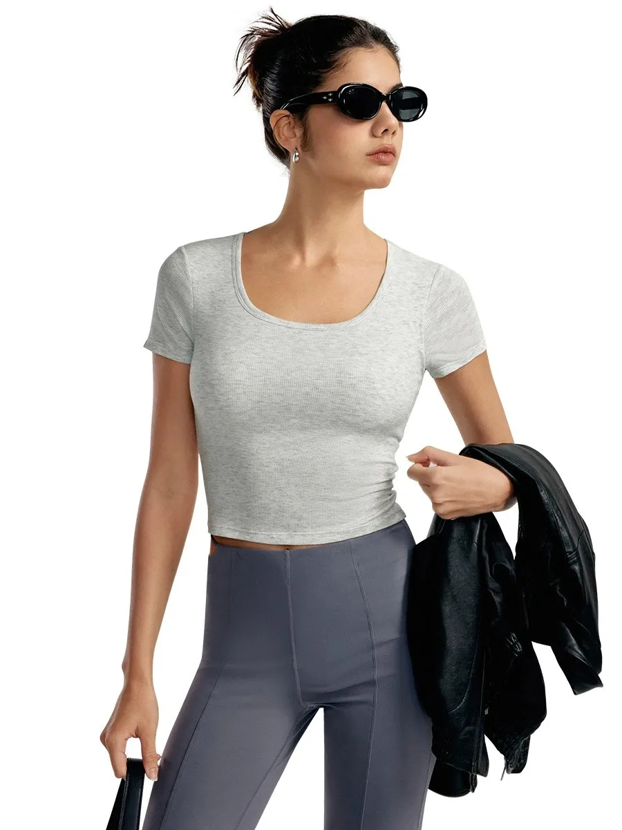 

High-End Yoga Top for Women Summer Fitted Sports Short-Sleeve T-shirt Breathable Anti-Slip Cup Design
