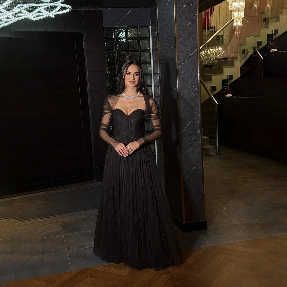 

Black Evening Dress Customized Sweetheart Neck Long Sleeve A Line Floor Length Formal Party Dress Corset Back Lace-upProm Gonws
