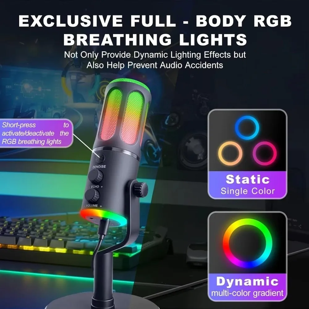 Micrófono portátil de condensador de luz RGB para videojuegos, sonido claro, sin ruido, USB, micrófono silencioso con un solo clic para grabación en Streaming