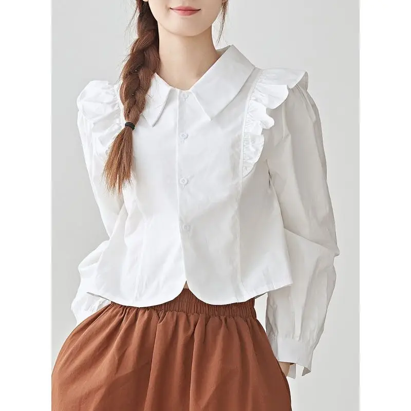 قميص قصير بحافة أوراق اللوتس، متعدد الاستخدامات لمزاج المرأة، مقاس نحيف وتنحيف، أكمام فقاعية، بلوزة حلوة #1