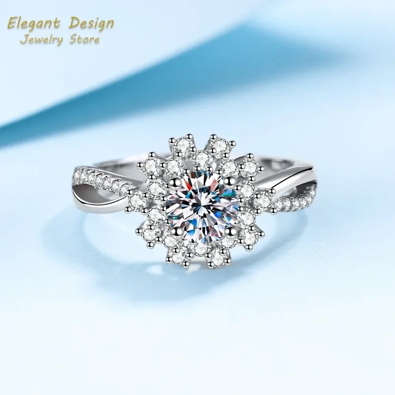 Valentines Gifts 80 Points Moissanite Sunflower Ring Luxury Platinum PT950 Diamond Ring for Women Set Glamorous Bridal Jewelry