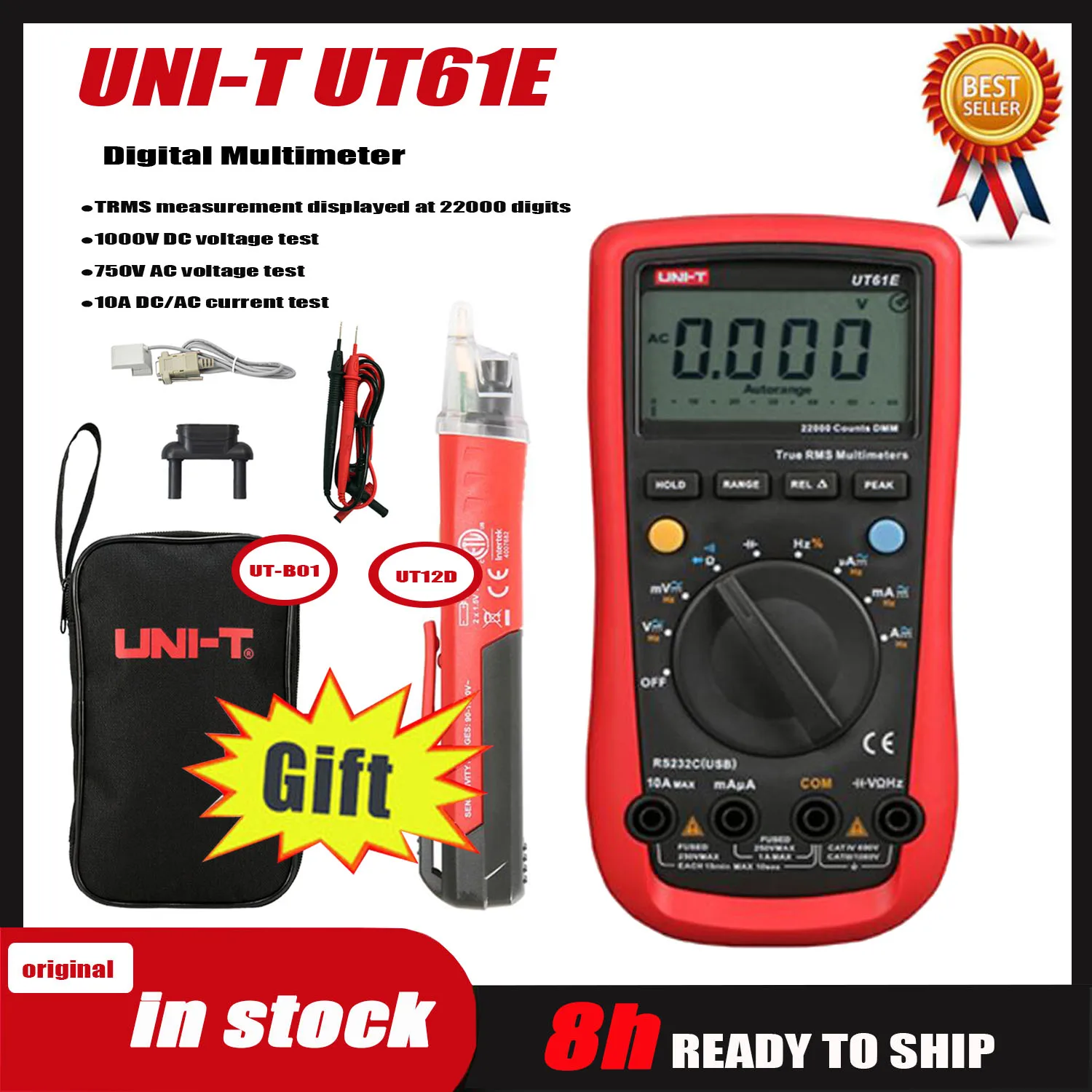 Original UNI-T UT61E Digital Multimeter True RMS Peak Meter PC Connect AC DC Voltage Relative Mode 22000 Counts Data Hold.