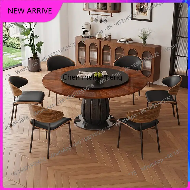 

Medieval style, solid wood dining table and chairs round table high-end household small apartment, retro with turntable A
