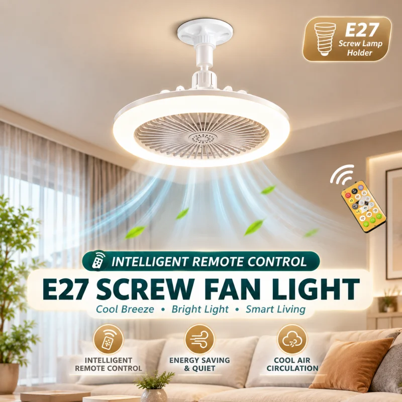 Smart E27 Screw Fan Light Ceiling Lamp with Remote Control, LED Dimmable Light, 3 Wind Speeds, Timer, Sleep Mode for Bedroom