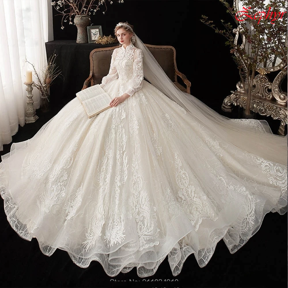 

Customized White Tulle Applique Wedding Party A-line High Collar Long DressesElegant Exquisite Luxury Temperament Charming Dress
