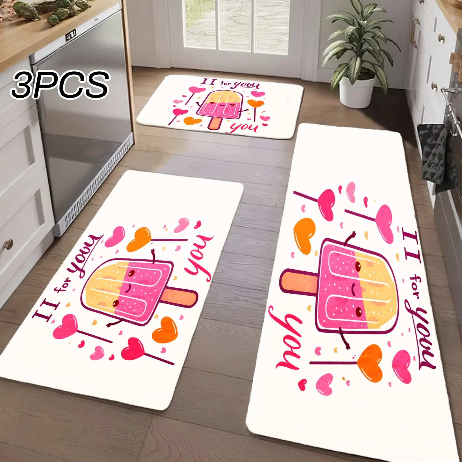 3PCS Kitchen Rugs,Home Decoration for Front Door, Kitchen, Bathroom, I Love You Ice Cream Pattern Print Dining Mat