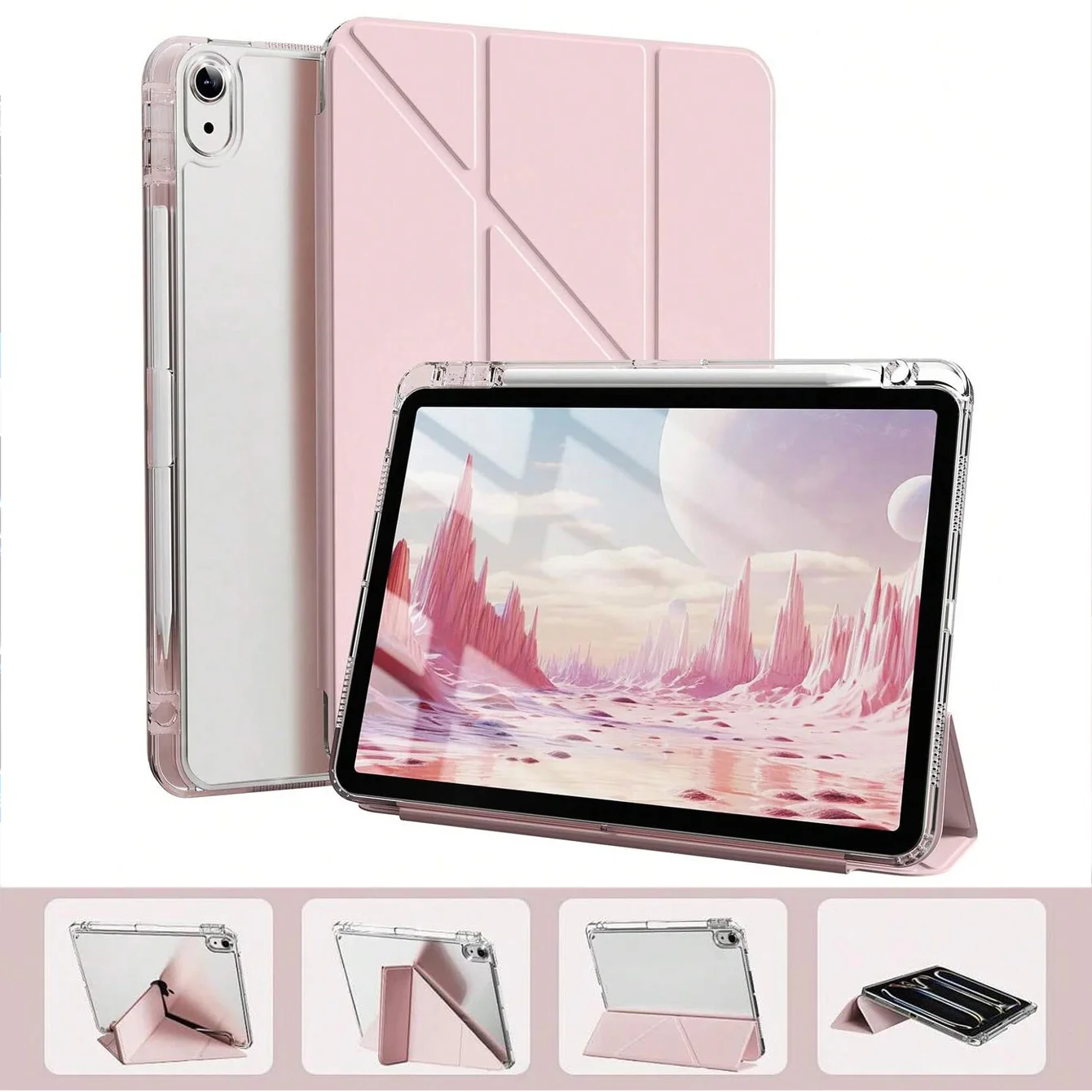 Case for iPad 10th Gen / iPad (A16) 11th Gen (2025), Slim Fashion Transparent, with Pen Slot, Multi-Angle Folding Y-Stand