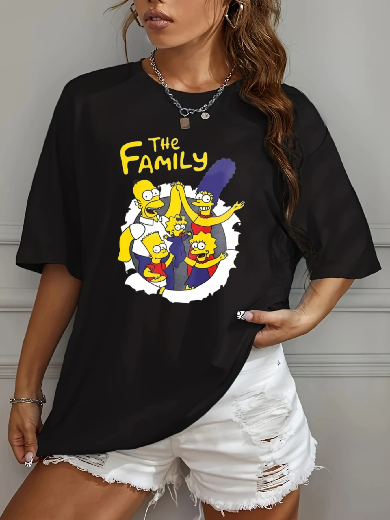 

Women'S Bart Simpson Graphic T-Shirt - Black with Iconic Homer & Marge Print, Casual Streetwear All-Season Comfort