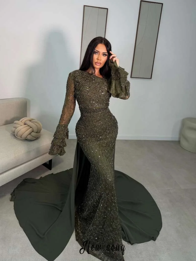 Sage Green Mermaid Prom Dress With Overskit Embroidery Turtle Neck Plus Size Customized Engagement Party Gowns Celebrity Robes view 2