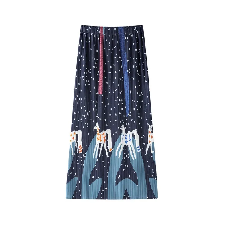 Miyake Pleated Printed Skirt for Women 2026 Summer New Casual Retro Skirt Pleated High Waist Comfortable Mid-Length Skirt Pleat