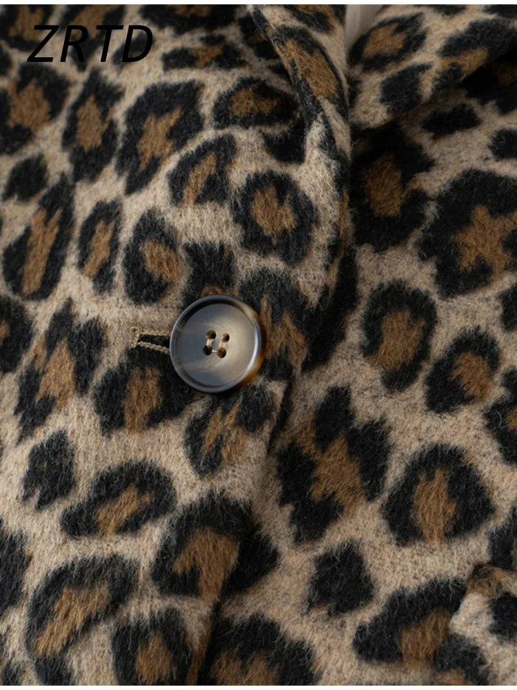 Vintage Leopard Woolen Coats Women Loose Lapel Long Sleeve One Button Pocket Fleece Jacket 2024 Autumn Lady High Street Overcoat