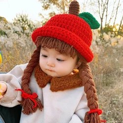 48-52cm Children's Knitted Hat Autumn Winter Braid Caps Kids Accessories Ear Protection Wool Apple Ruffle Red Soft Comfortable