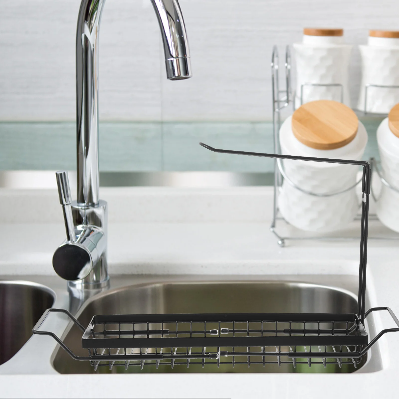 

Adjustable 304 Stainless Steel Sink Organizer Rack Telescopic Storage Shelf for Kitchen Sponge Soap Holder Black Over the Sink