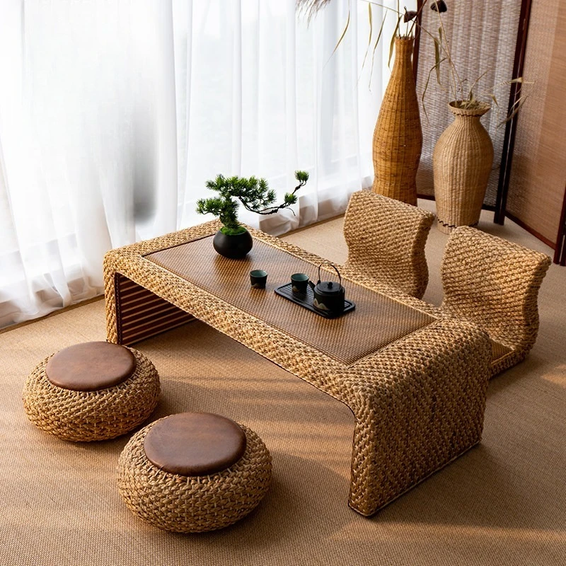 Rattan Tatami Low Table - Japanese Minimalist Desk for Home, Inn & Window Seat, Portable Kang Side Tea Tray, Zen Style