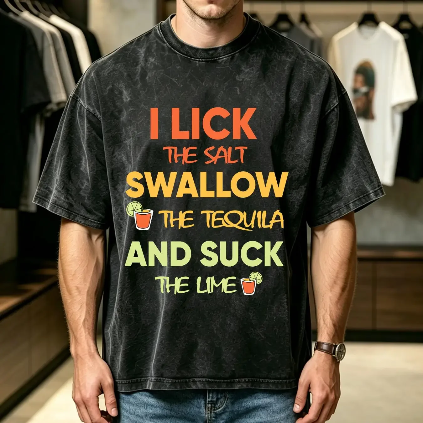 washed T Shirt I Lick The Salt Swallow Tequila And Suck Lime Funny Drinking  vintage Washed Casual graphic Comfortable