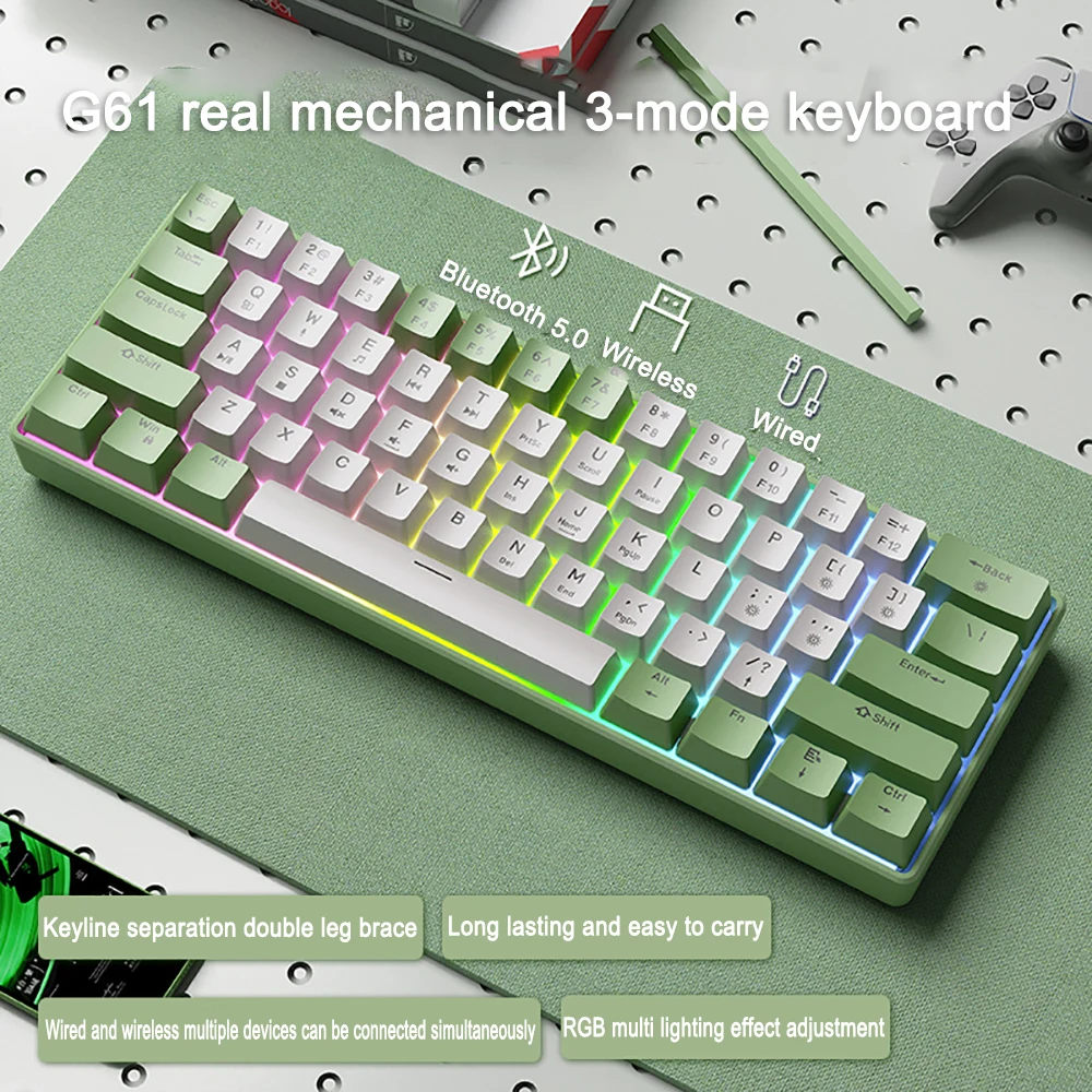 

Glow G61 Mechanical Keyboard Wireless 2.4G 68 Keys Three Mode E-sports Game Office Ergonomic Small Portable Work Laptop Keyboard