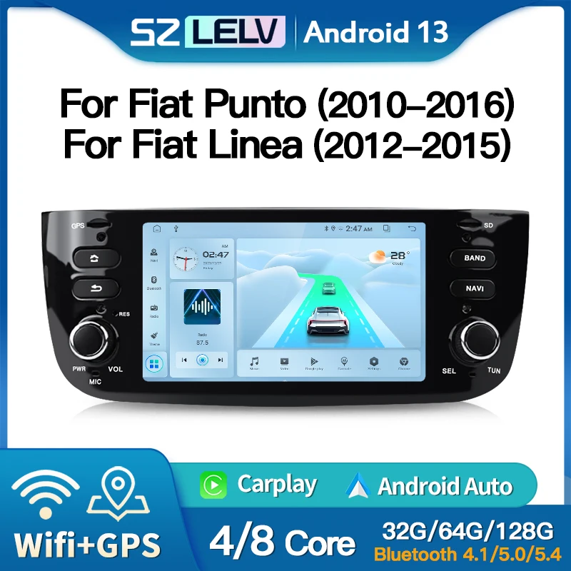 For Fiat Linea Punto EVO 2012-2015 Android 13 AutoRadio Stereo Car Radio Multimedia Video Navigation GPS Carplay DSP 2 Din Wifi