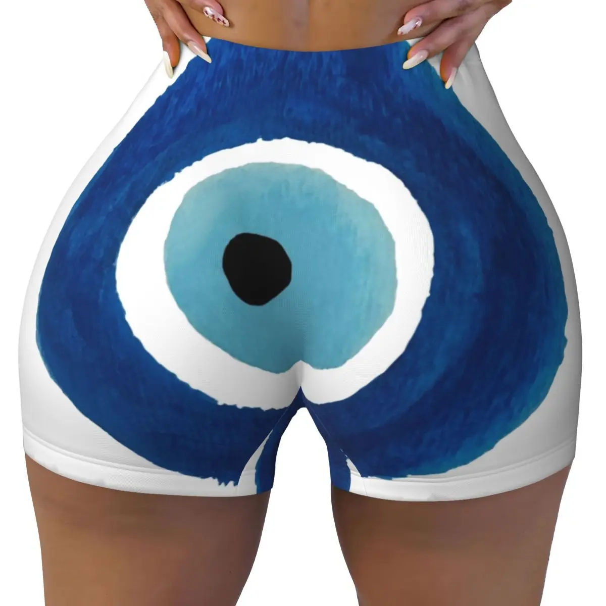 Custom Watercolor Evil Eye Nazar Painting Gym Biker Running Shorts Women's Hamsa Lucky Charm Workout Yoga Shorts