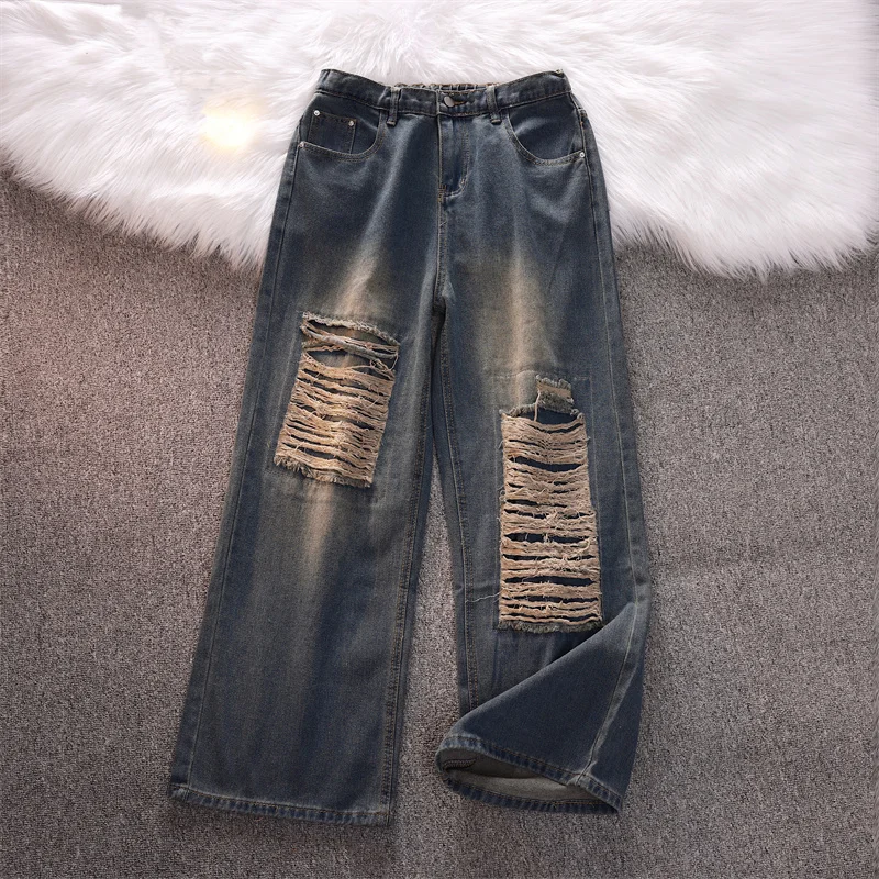 

Мужские тонкие синие рваные джинсы, новые летние американские повседневные свободные брюки в стиле ретро, однотонные универсальные прямые широкие брюки High Street