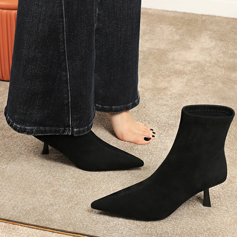 

Обувь BIGTREE, женские ботинки в стиле ретро, замшевые женские ботильоны с острым носком, ботинки на высоком каблуке-шпильке, осенне-зимняя обувь, короткие сапоги