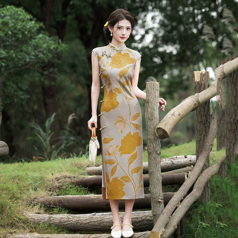 

Длинное модифицированное платье Cheongsam без рукавов в китайском стиле, 2022, облегающее китайское платье в стиле ретро для молодых девушек, весна/лето, платье Ципао