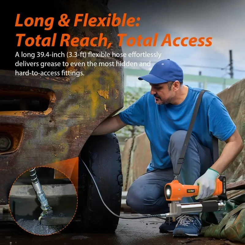 Pistolet do smaru elektryczny 2w1 Taskstar 10000PSI z wężem 39,4 cala, automatyczny, bezprzewodowy, do serwisowania maszyn rolniczych, warsztatów i ciężkiego sprzętu.