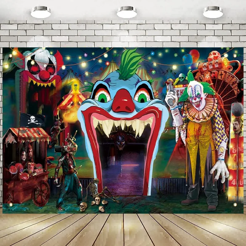 Halloween Eve Clown Photography Backdrop Horror Creepy Scary Background Carnival Trunk Skull Balloons Decoration Banner Poster