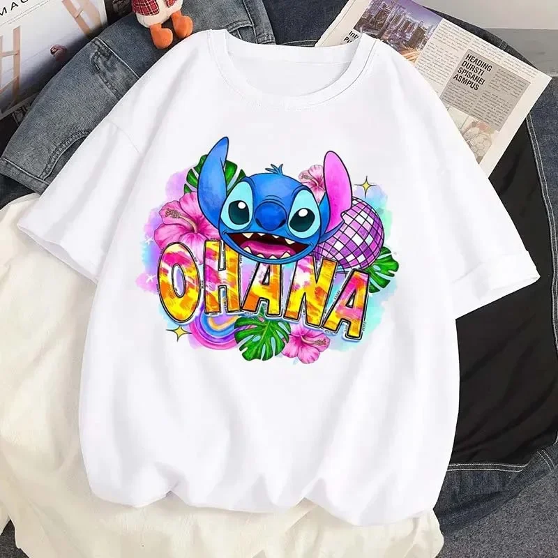 디즈니 Ohana 여성용 그래픽 프린트 티셔츠, 스티치 및 릴로 다리미 티셔츠, 캐주얼 O넥 티셔츠, 스트리트웨어, 하라주쿠 의류, 여름