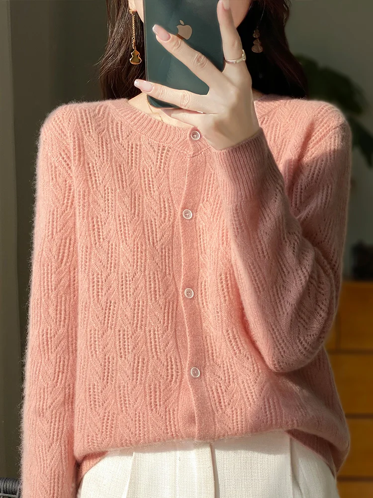 Spring new women\'s cardigan 100% merino wool sweater O-neck hollow elegant cashmere knitted jacket Korean fashion blouse