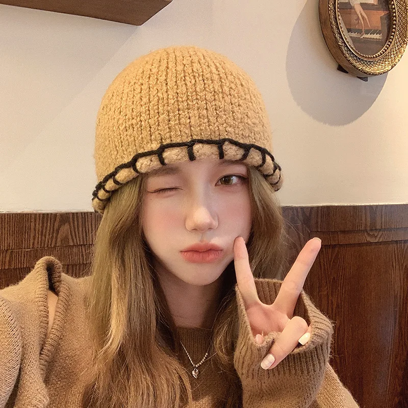 Autumn and Winter Pure Color Melon Skin Knitted Hat with Warm Korean Woolen Hat