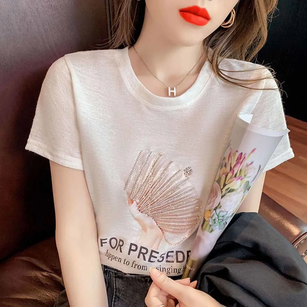 Summer Loose Korean Clothes T-Shirt Fashion printed letters Beads Women Tops Short Sleeve Bottoming Shirt Tees Casual New 2202