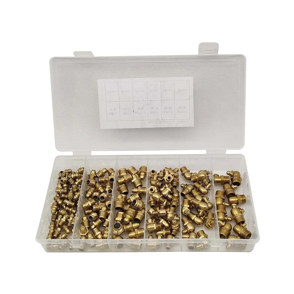 Brass Grease Fitting Kit 150pcs with 6 Sizes 6mm 8mm 10mm Straight and 90deg Elbow for Gas and Auto Lubrication