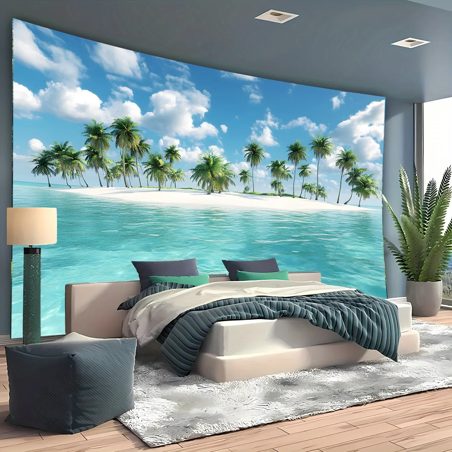 2D Flat Ocean Beach Landscape Tapestry Oversized Living Room Bedroom Office Party Decor Photo Background Art Wall Decor view 2