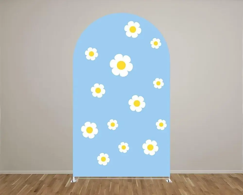 أغطية حامل خلفية قوس ، زهور ديزي زرقاء ، غطاء قماش مطاطي مقوس ، حفلة عيد ميلاد للأطفال