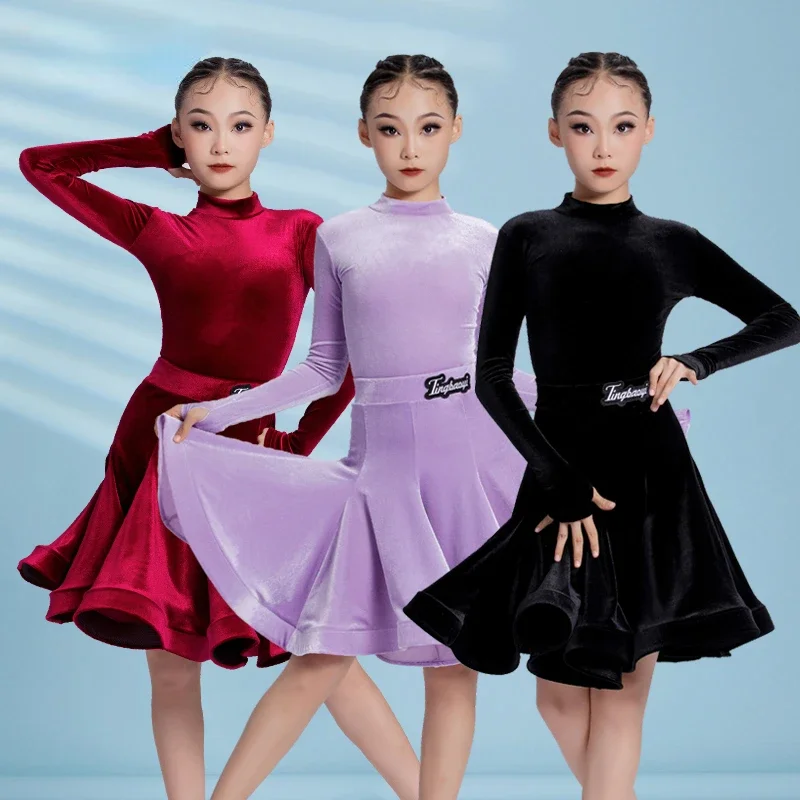 children's Latin dance dress girls' finger hooked long sleeved set practice competition performance fishbone big swing skirt