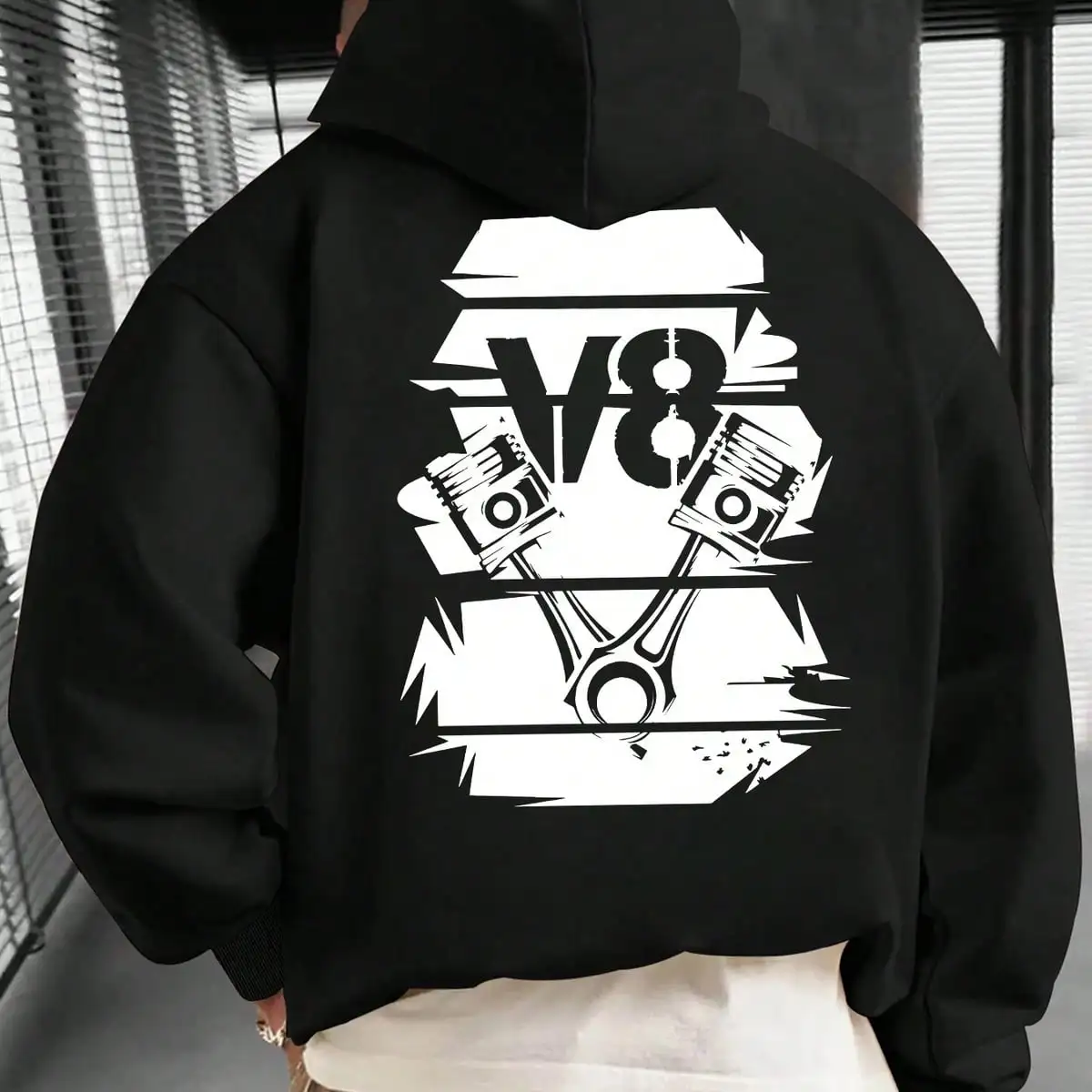 Men Back Print Hoodie, V8 Engine Piston Mechanic Graphic Hooded Sweatshirt, Car Mechanic Racing Casual Loose Pullover Hoodie