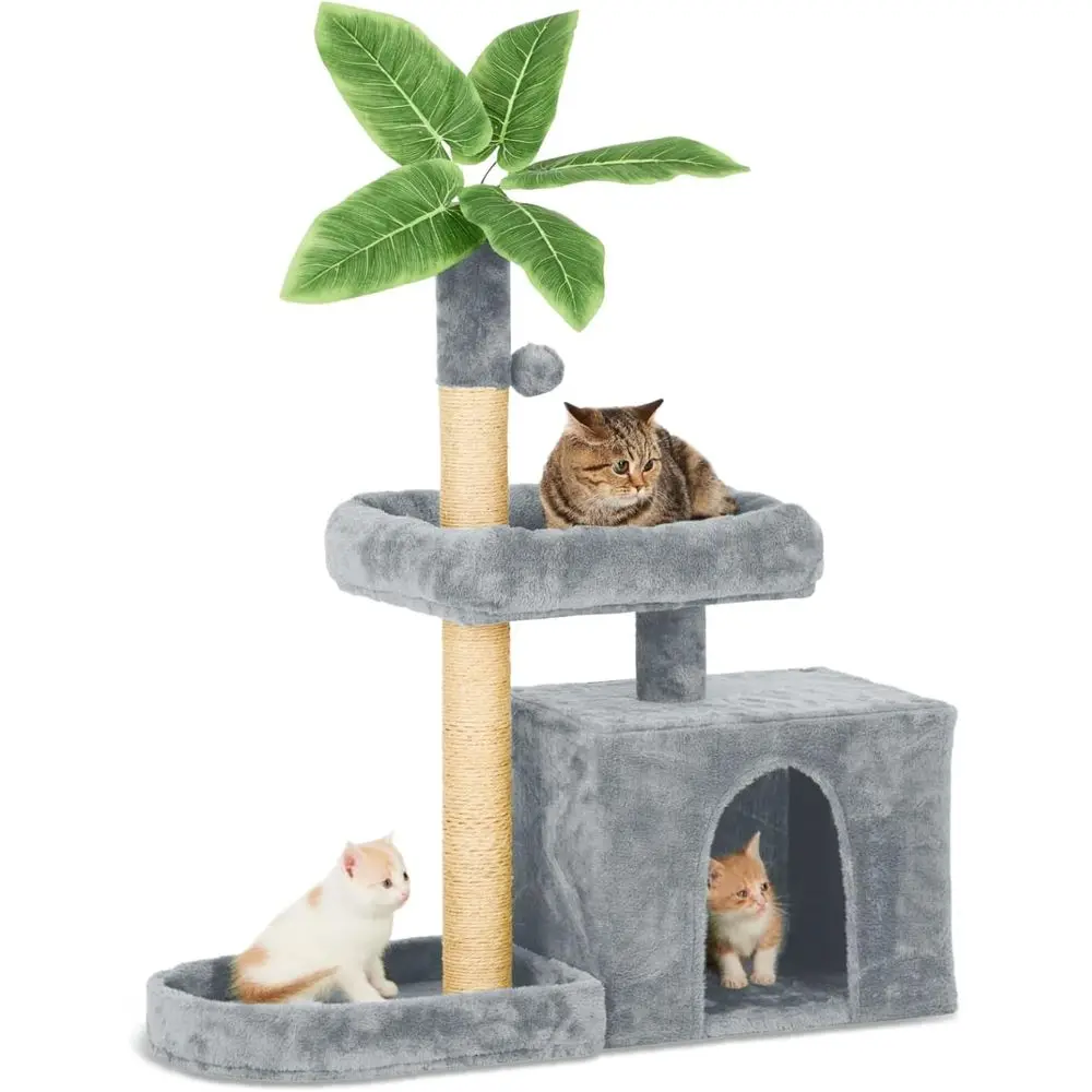 

31.5 Green Leaf-Inspired Cat Tower with Plush House, Scratching Posts, and Hanging Ball, Grey