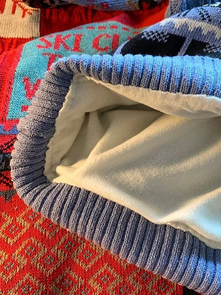 

Красный утепленный свитер с высоким воротником для мужчин, осенне-зимний, на флисовой подкладке, оверсайз, вязаный, для пар, новогодняя одежда