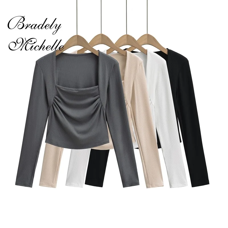 Square Collar Chest Pleat Solid Color Spring Women Long Sleeve Tops Sexy Pullover Solid Bottoming Blouses T-shirt