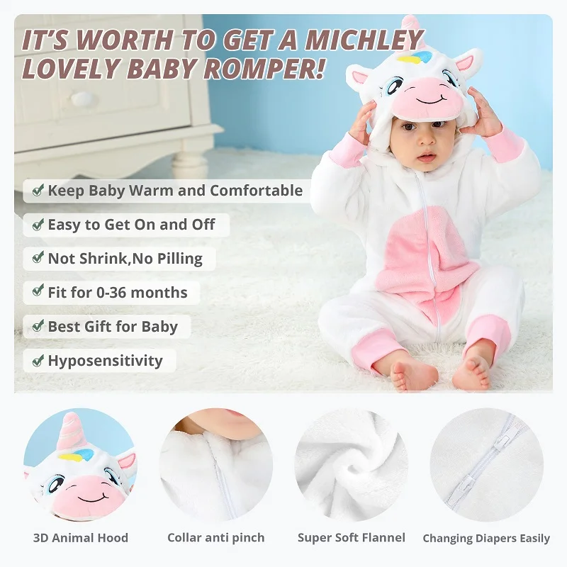 MICHLEY White Unicorn Warm Winter Baby Rompers Winter Halloween Infant Costume Clothes Toddler Bodysuits Pajamas Jumpsuit Girls