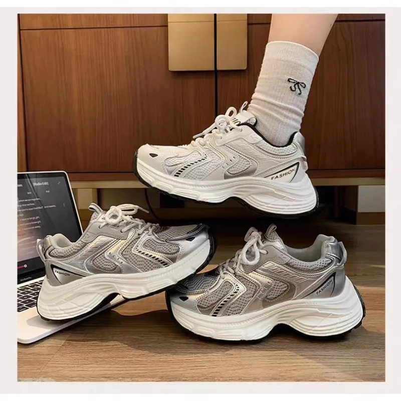 2026 Spring Women unky Dad Sneakers Breathable Mesh Platform Casual Shoes Lace-Up Versatile Korean Style Streetwear Trendy