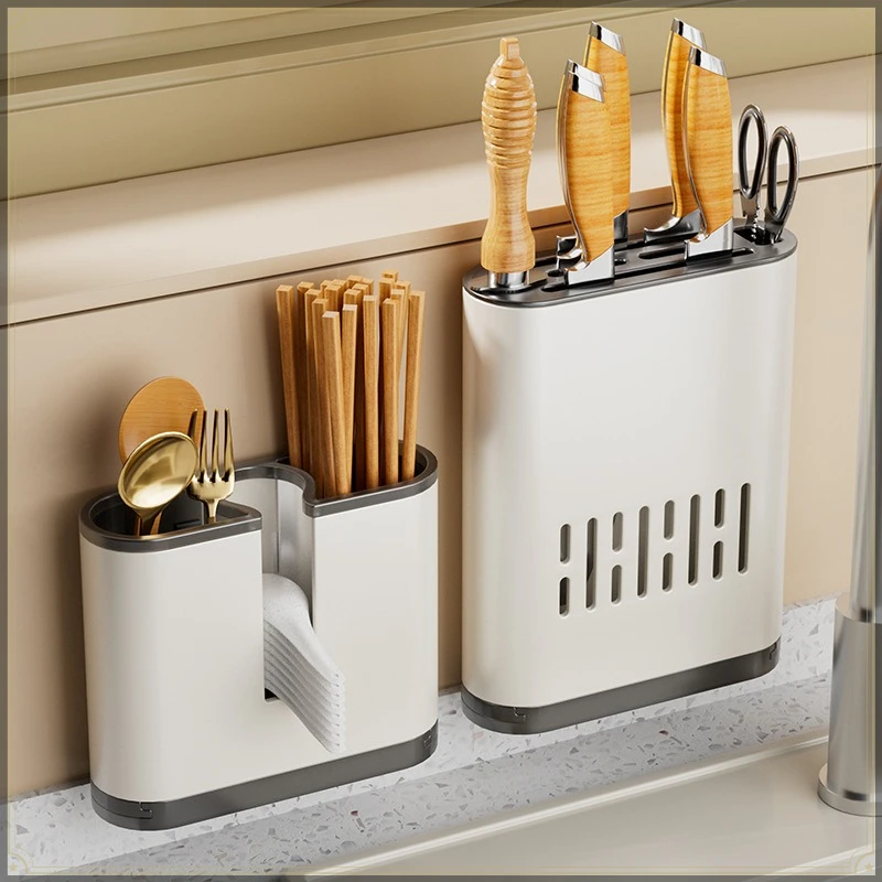 Aluminum Kitchen Knife Holder Wall Mount Punch Free Strong Load Bearing with Drain Tray Multifunctional Kitchen Storage Holder