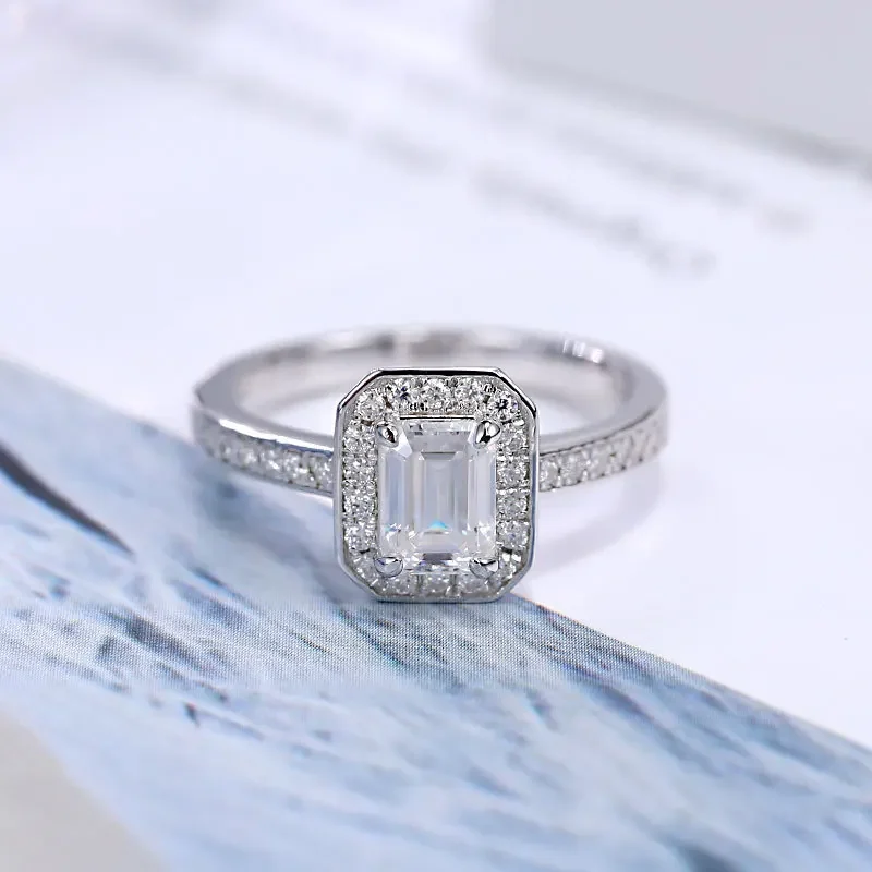 LinkerLove S925 Silver 1CT Emerald Cut Moissanite Halo Engagement Ring with Side Stones Diamond Wedding Band for Women Jewelry