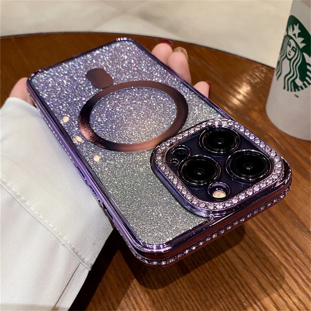 Plating Luxury Diamond For Magsafe Magnetic Charging Case For iPhone 13 12 11 14 Pro Max Plus Gradient Transparent Glitter Cover