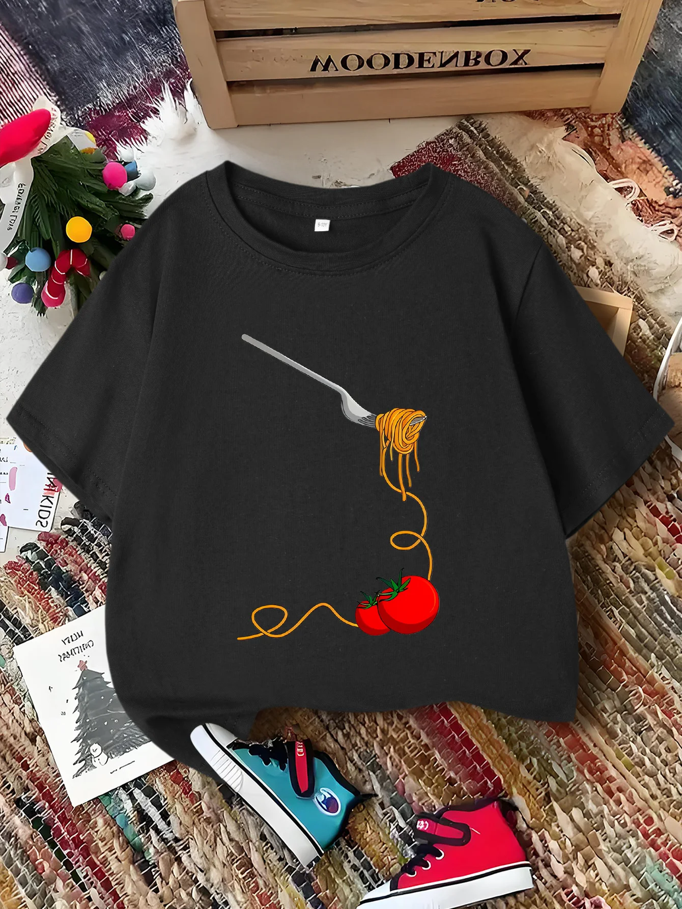 Spaghetti Fork Tomato Cartoon Print Kids Tee Boys Girls Family Matching Short Sleeve Breathable Daily Parent Child Comfort Tops