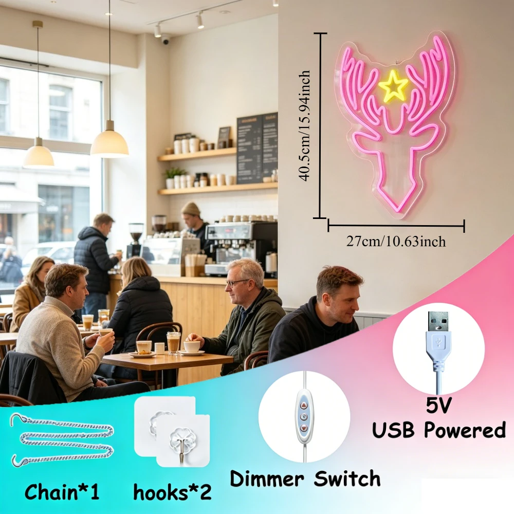 Cute Reindeer Neon Sign LED Dimmable USB Wall Light for Xmas Party Living Room Store Window Wedding Kids Room Nursery Wall Decor