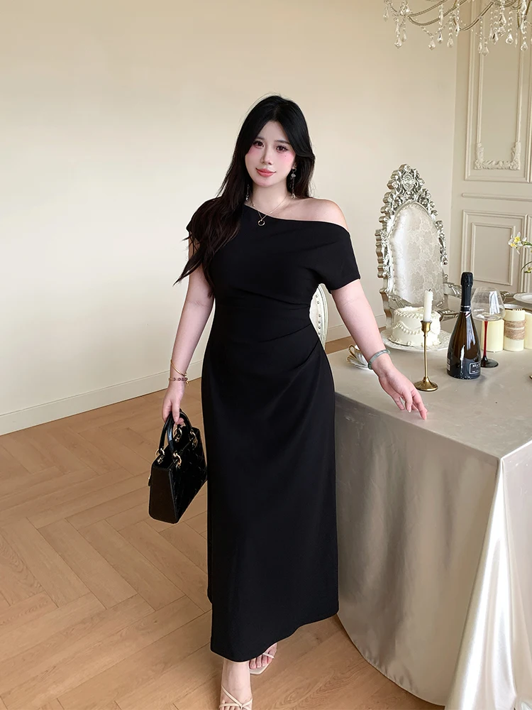 

Elegant plus Size Women's Dress Slimming Waist Tummy Control Shoulder Baring Bodycon Midi Dress City Commute Casual Wear